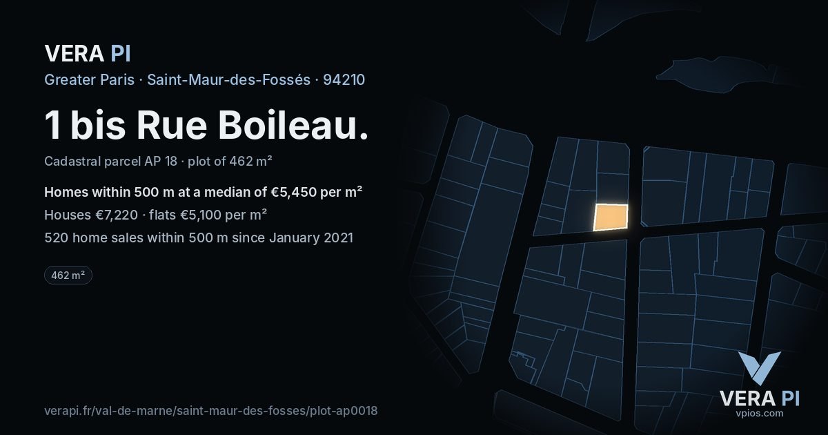1 bis Rue Boileau, Saint-Maur-des-Fossés at night – the plot lit, the parcels around coloured by the prices near them
