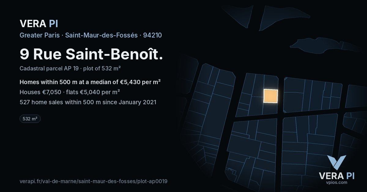 9 Rue Saint-Benoît, Saint-Maur-des-Fossés at night – the plot lit, the parcels around coloured by the prices near them