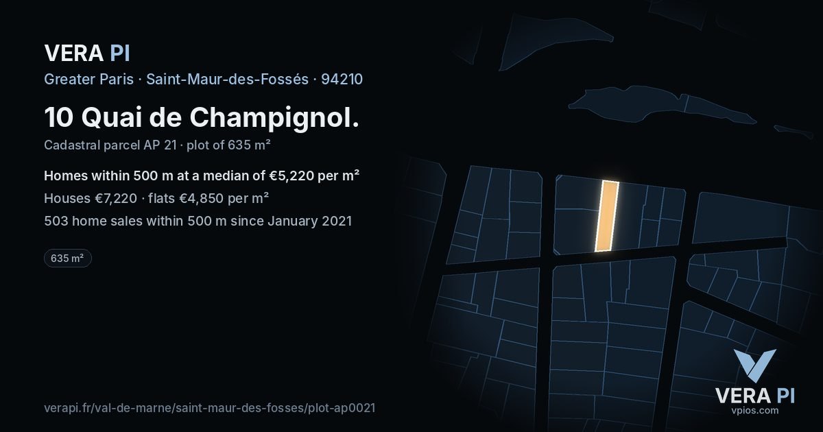 10 Quai de Champignol, Saint-Maur-des-Fossés at night – the plot lit, the parcels around coloured by the prices near them