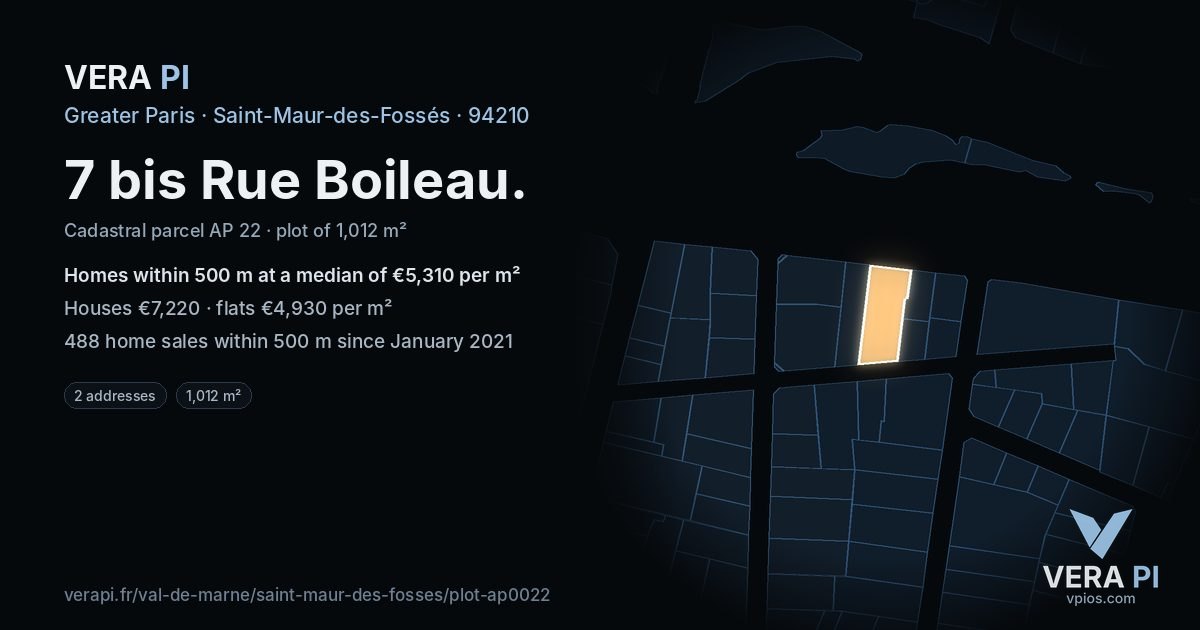 7 bis Rue Boileau, Saint-Maur-des-Fossés at night – the plot lit, the parcels around coloured by the prices near them