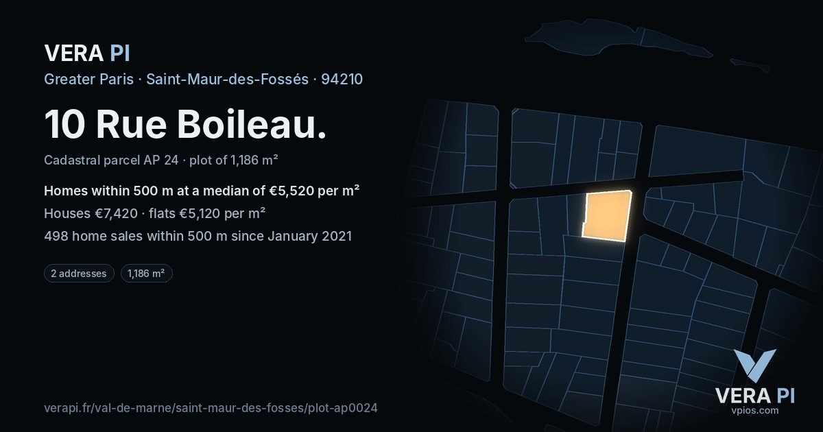 10 Rue Boileau, Saint-Maur-des-Fossés at night – the plot lit, the parcels around coloured by the prices near them