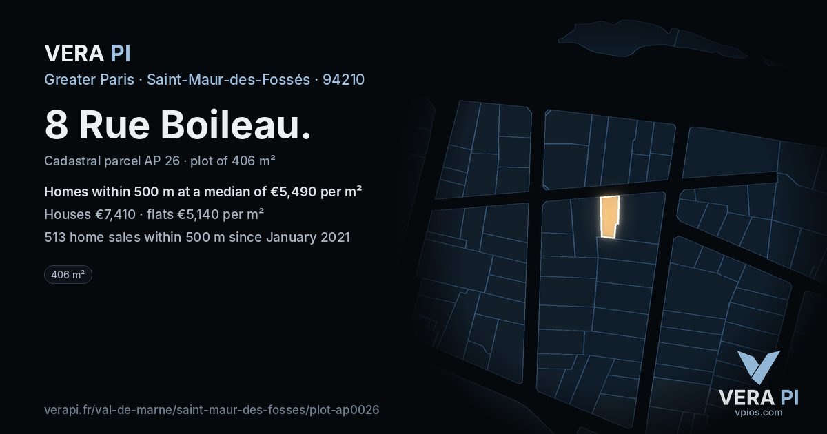 8 Rue Boileau, Saint-Maur-des-Fossés at night – the plot lit, the parcels around coloured by the prices near them