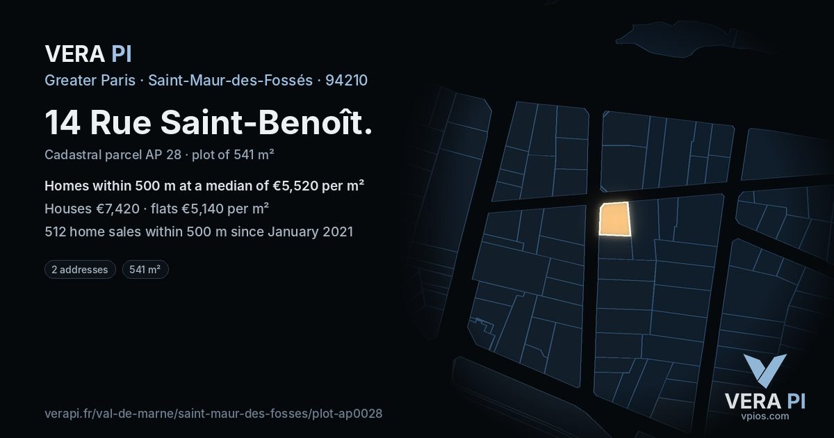 14 Rue Saint-Benoît, Saint-Maur-des-Fossés at night – the plot lit, the parcels around coloured by the prices near them