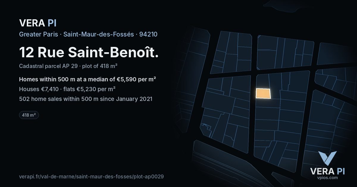 12 Rue Saint-Benoît, Saint-Maur-des-Fossés at night – the plot lit, the parcels around coloured by the prices near them
