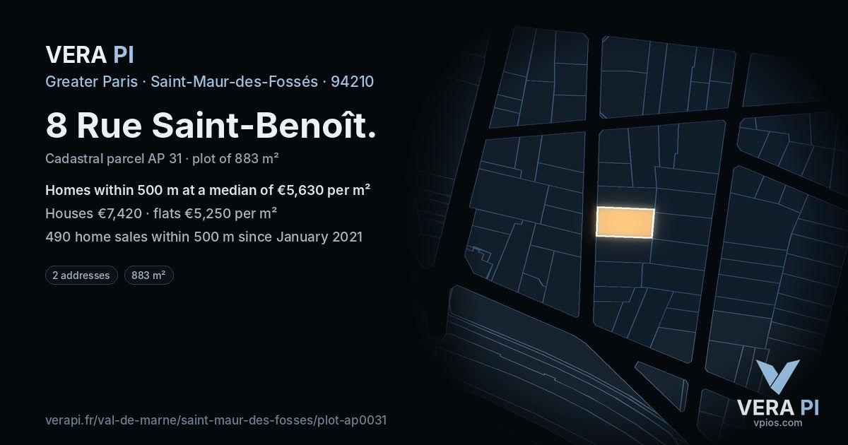 8 Rue Saint-Benoît, Saint-Maur-des-Fossés at night – the plot lit, the parcels around coloured by the prices near them