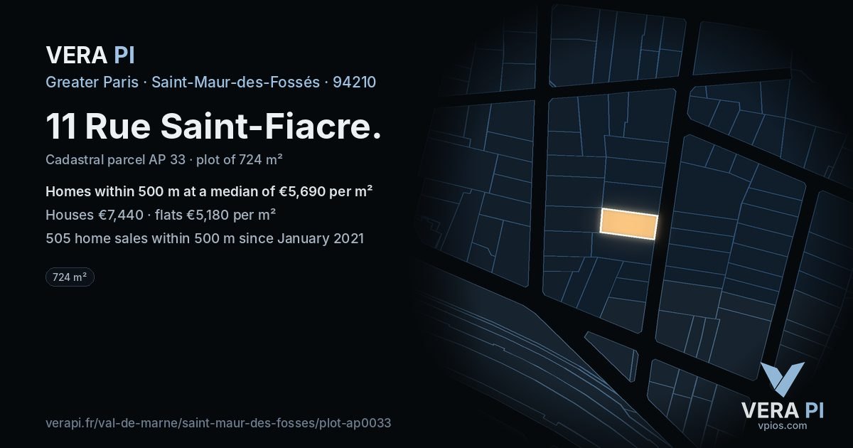 11 Rue Saint-Fiacre, Saint-Maur-des-Fossés at night – the plot lit, the parcels around coloured by the prices near them