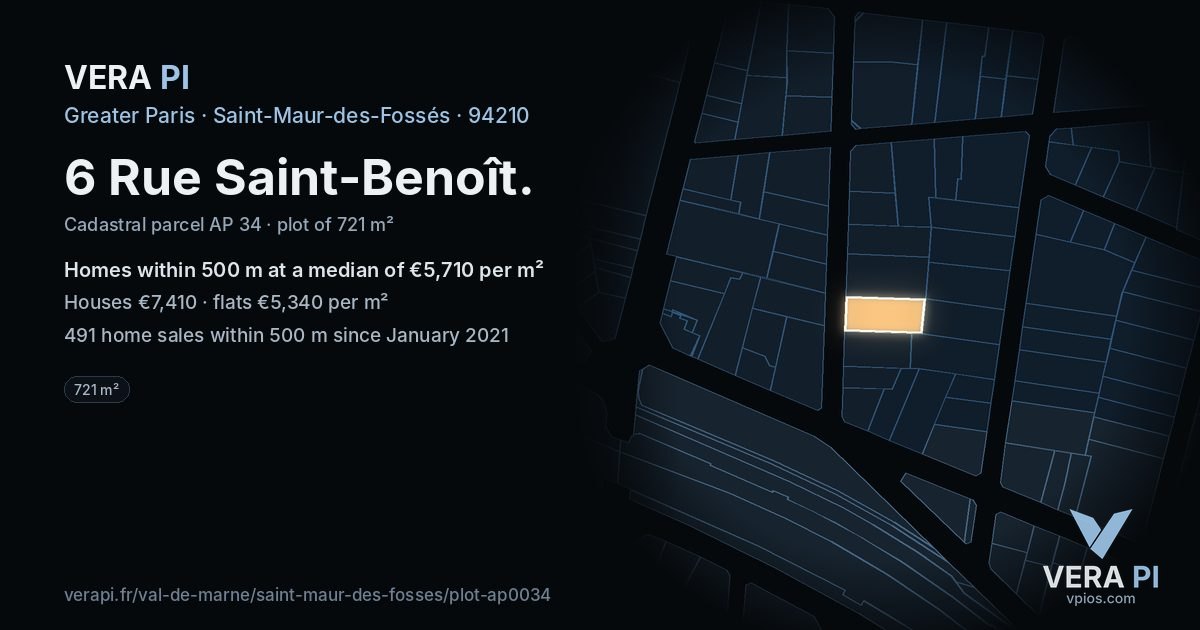 6 Rue Saint-Benoît, Saint-Maur-des-Fossés at night – the plot lit, the parcels around coloured by the prices near them