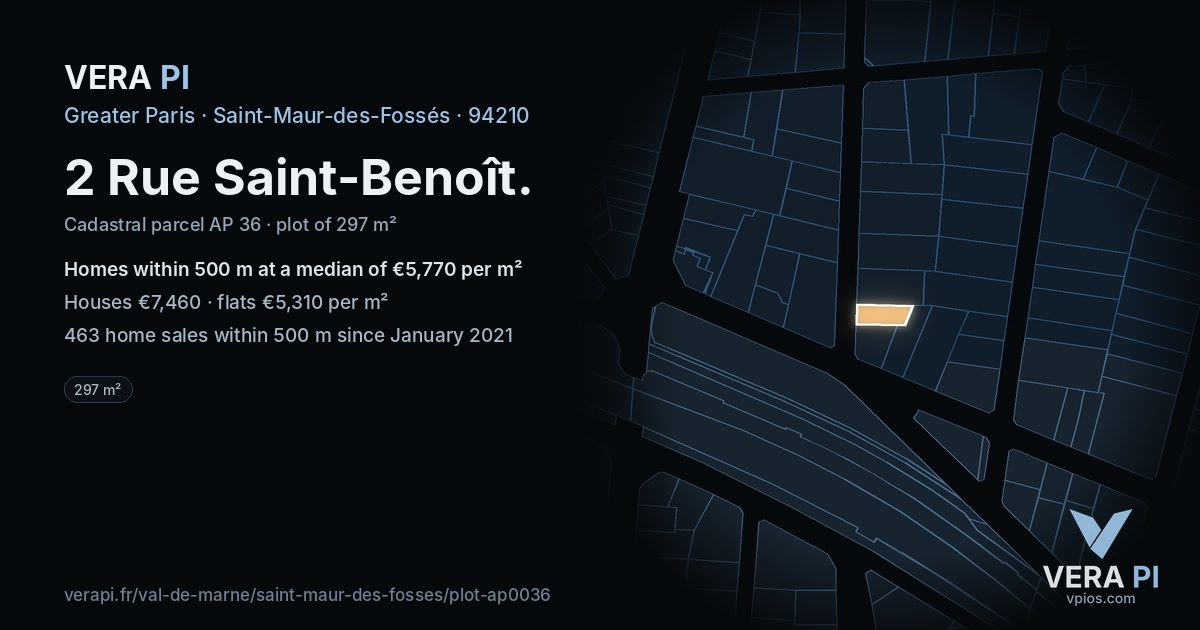 2 Rue Saint-Benoît, Saint-Maur-des-Fossés at night – the plot lit, the parcels around coloured by the prices near them