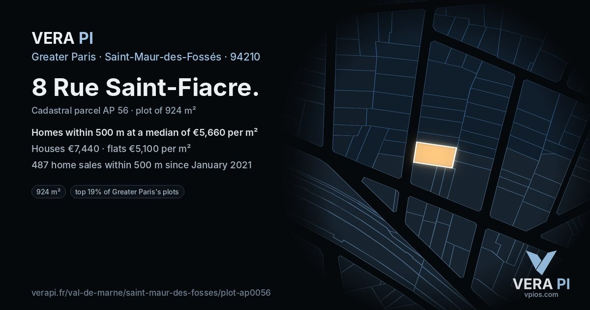 8 Rue Saint-Fiacre, Saint-Maur-des-Fossés at night – the plot lit, the parcels around coloured by the prices near them