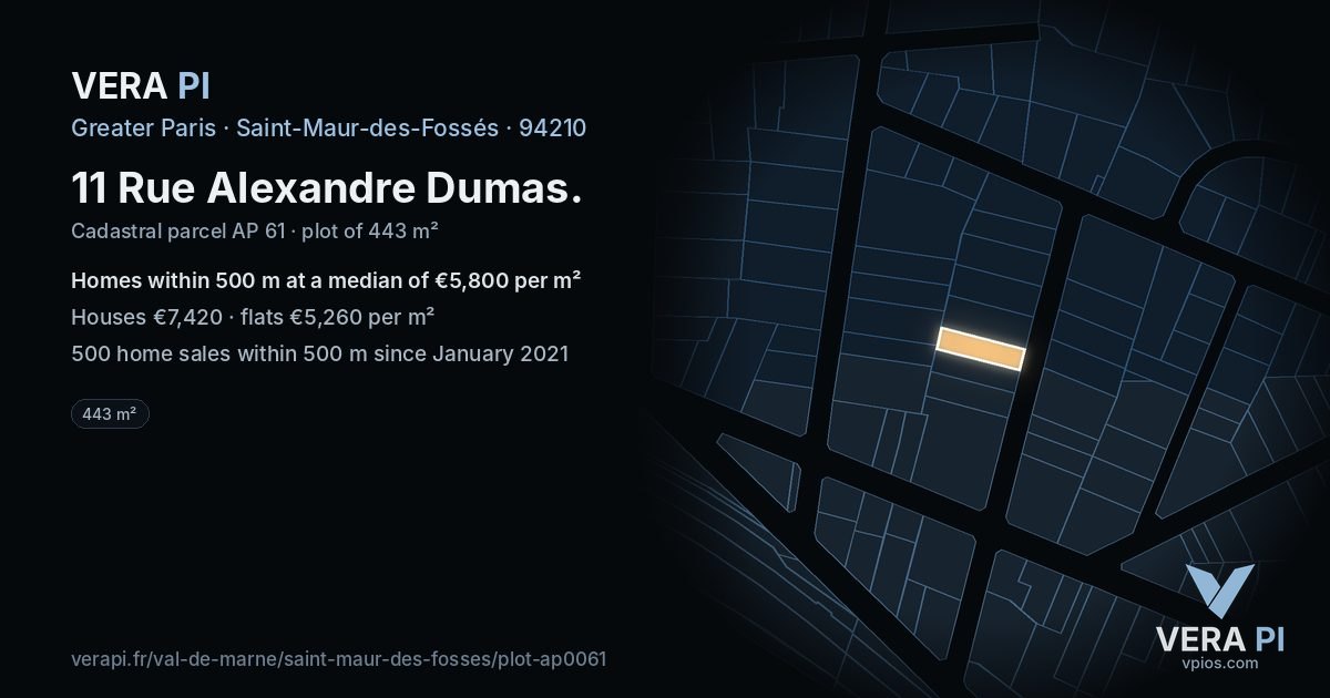 11 Rue Alexandre Dumas, Saint-Maur-des-Fossés at night – the plot lit, the parcels around coloured by the prices near them