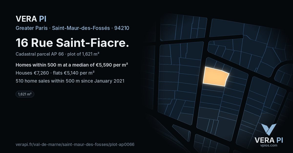 16 Rue Saint-Fiacre, Saint-Maur-des-Fossés at night – the plot lit, the parcels around coloured by the prices near them