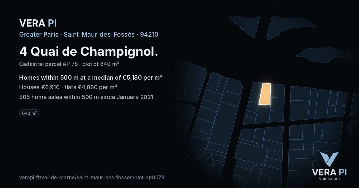 4 Quai de Champignol, Saint-Maur-des-Fossés at night – the plot lit, the parcels around coloured by the prices near them