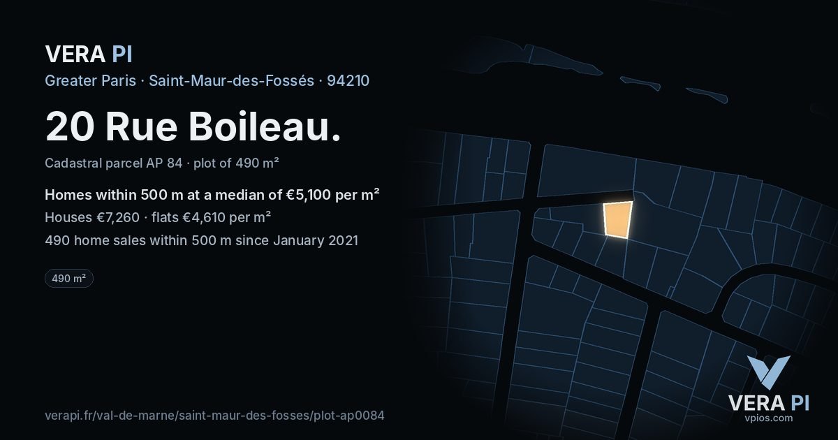 20 Rue Boileau, Saint-Maur-des-Fossés at night – the plot lit, the parcels around coloured by the prices near them