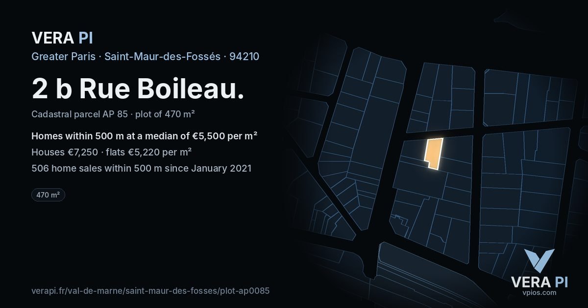 2 b Rue Boileau, Saint-Maur-des-Fossés at night – the plot lit, the parcels around coloured by the prices near them