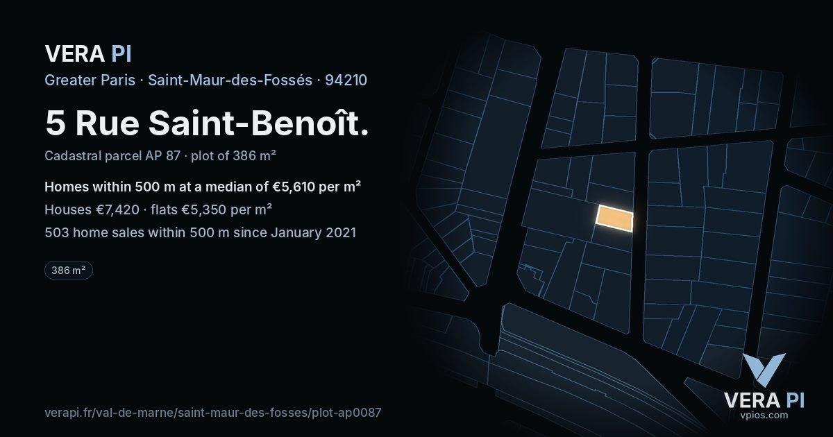 5 Rue Saint-Benoît, Saint-Maur-des-Fossés at night – the plot lit, the parcels around coloured by the prices near them