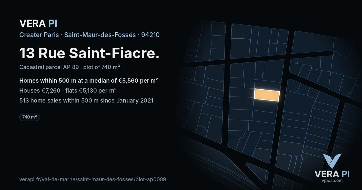 13 Rue Saint-Fiacre, Saint-Maur-des-Fossés at night – the plot lit, the parcels around coloured by the prices near them