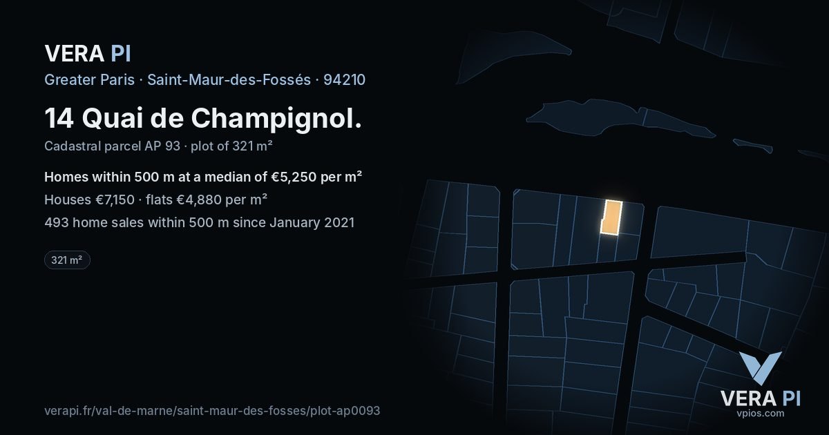 14 Quai de Champignol, Saint-Maur-des-Fossés at night – the plot lit, the parcels around coloured by the prices near them