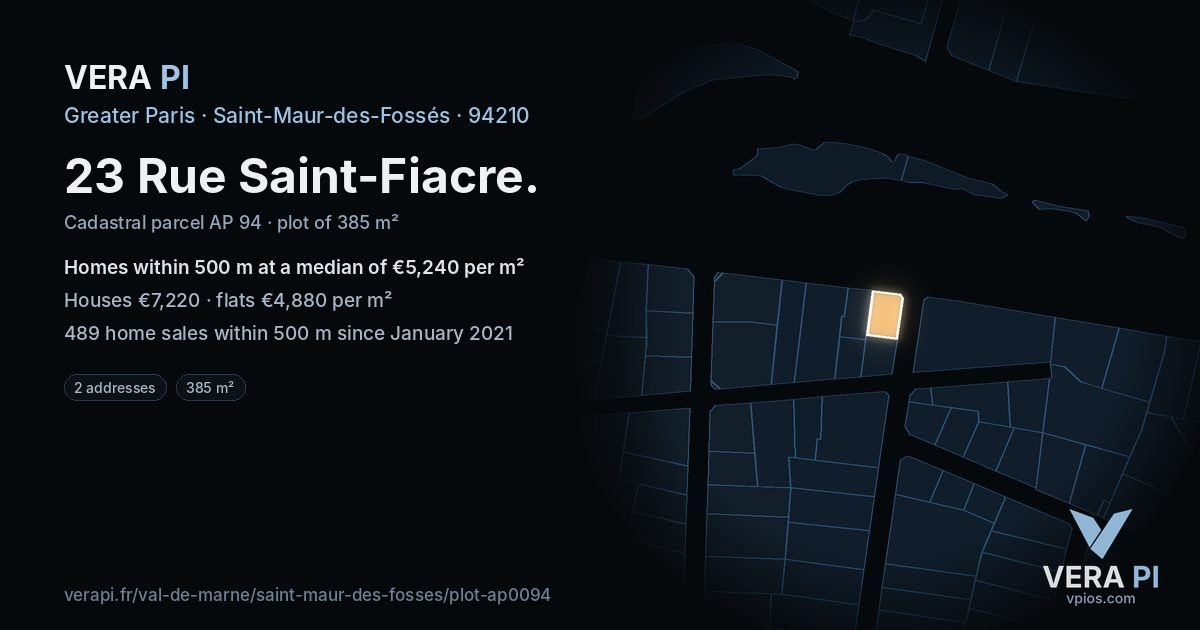 23 Rue Saint-Fiacre, Saint-Maur-des-Fossés at night – the plot lit, the parcels around coloured by the prices near them