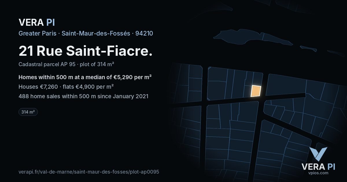 21 Rue Saint-Fiacre, Saint-Maur-des-Fossés at night – the plot lit, the parcels around coloured by the prices near them