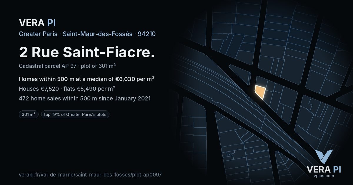 2 Rue Saint-Fiacre, Saint-Maur-des-Fossés at night – the plot lit, the parcels around coloured by the prices near them