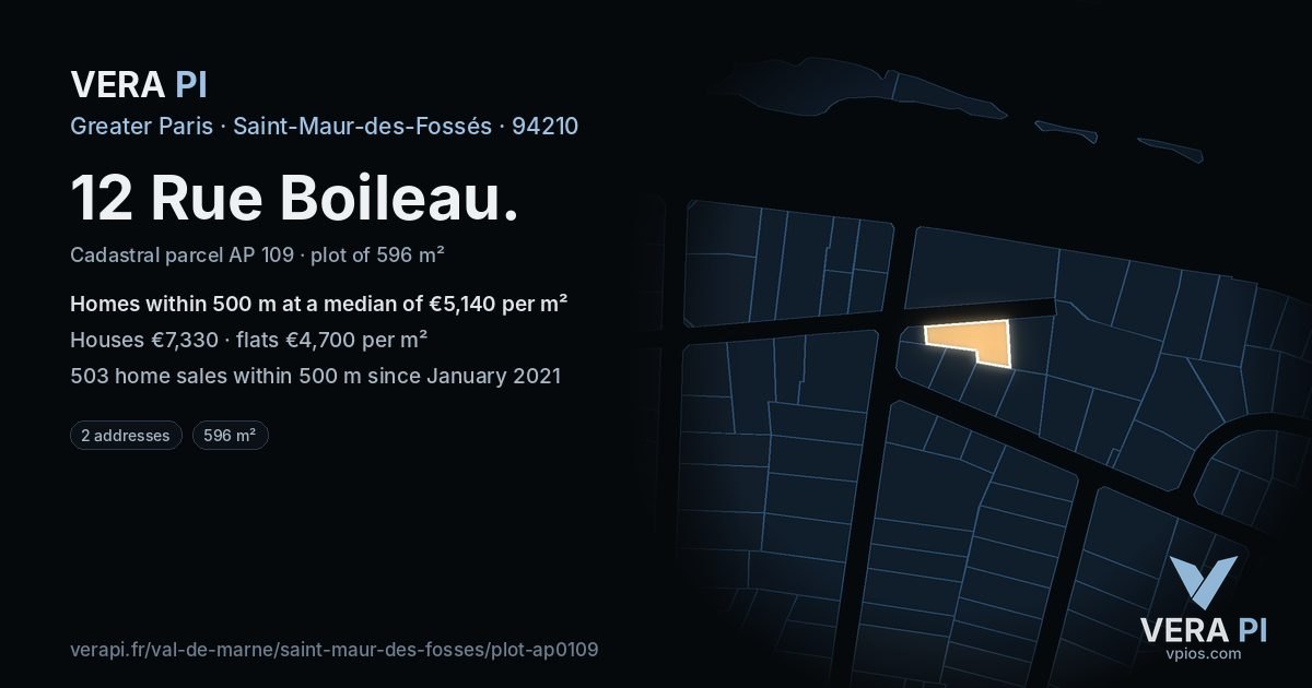 12 Rue Boileau, Saint-Maur-des-Fossés at night – the plot lit, the parcels around coloured by the prices near them