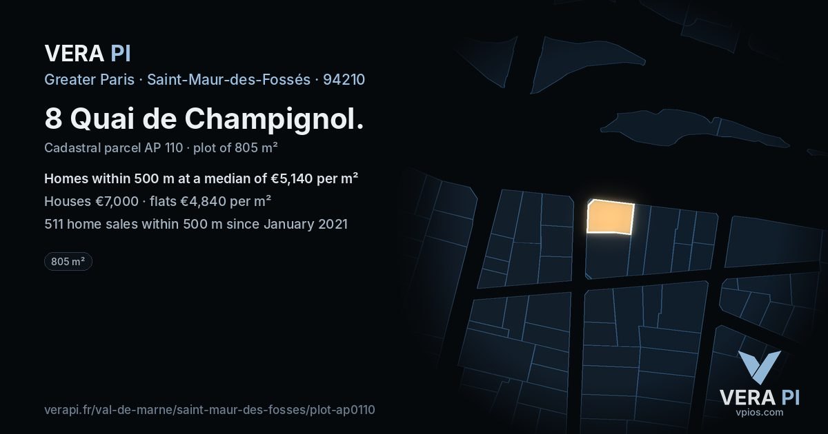 8 Quai de Champignol, Saint-Maur-des-Fossés at night – the plot lit, the parcels around coloured by the prices near them
