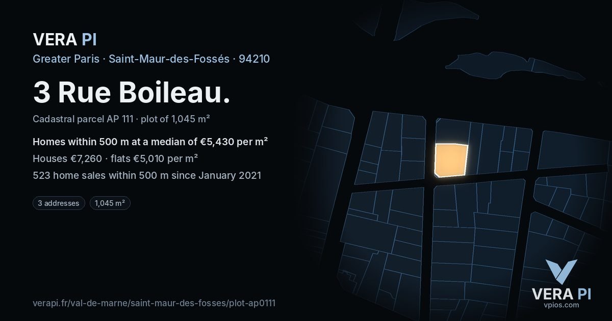 3 Rue Boileau, Saint-Maur-des-Fossés at night – the plot lit, the parcels around coloured by the prices near them