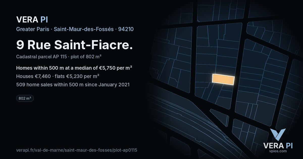 9 Rue Saint-Fiacre, Saint-Maur-des-Fossés at night – the plot lit, the parcels around coloured by the prices near them
