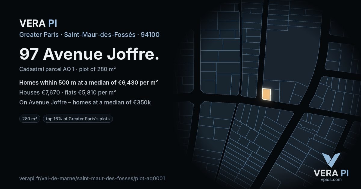 97 Avenue Joffre, Saint-Maur-des-Fossés at night – the plot lit, the parcels around coloured by the prices near them