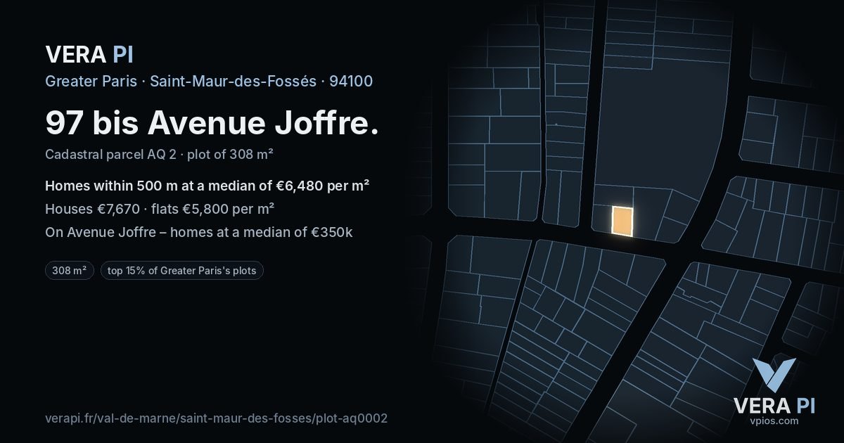 97 bis Avenue Joffre, Saint-Maur-des-Fossés at night – the plot lit, the parcels around coloured by the prices near them