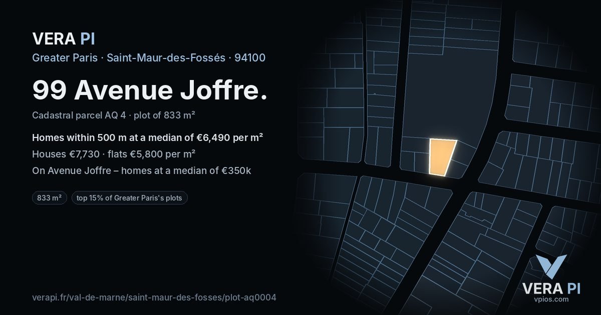 99 Avenue Joffre, Saint-Maur-des-Fossés at night – the plot lit, the parcels around coloured by the prices near them