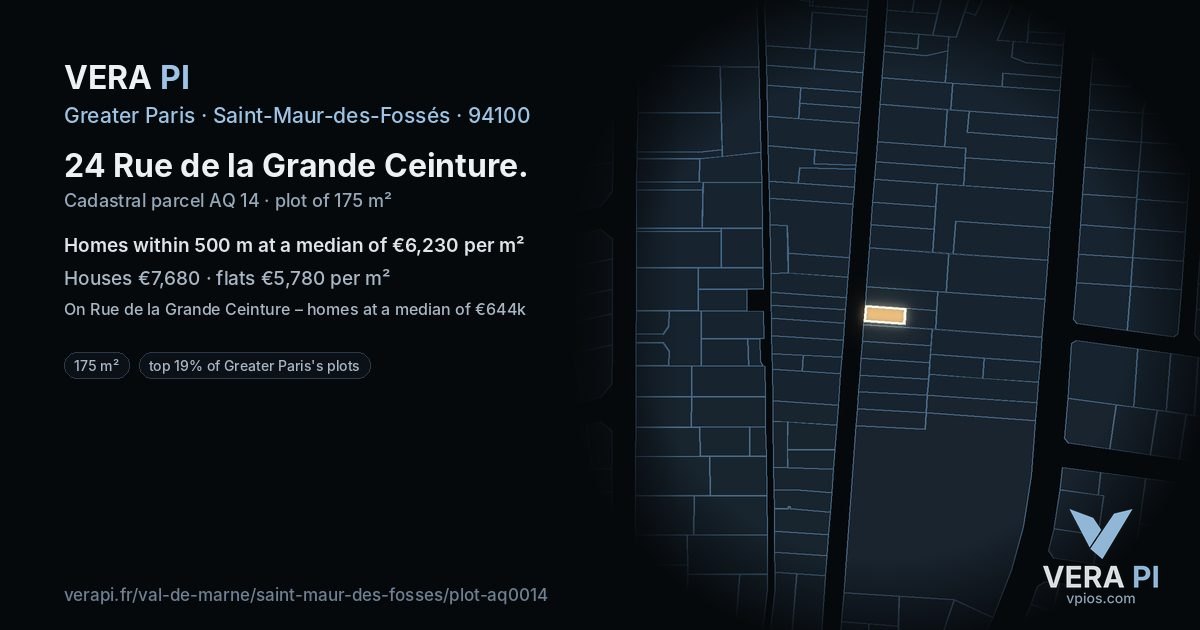24 Rue de la Grande Ceinture, Saint-Maur-des-Fossés at night – the plot lit, the parcels around coloured by the prices near them
