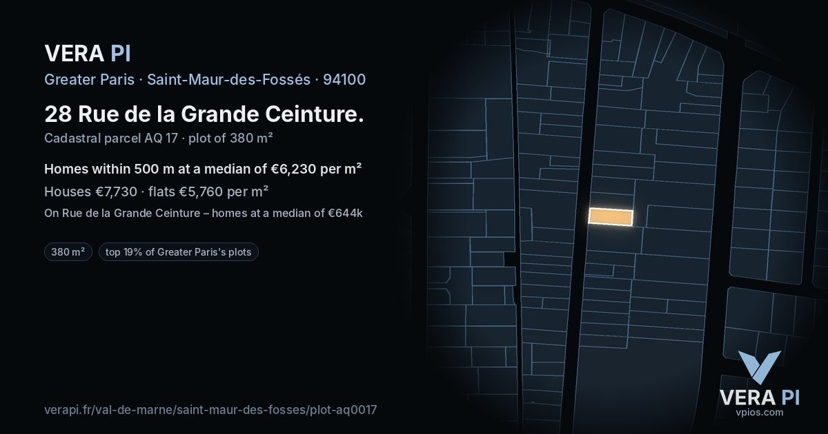 28 Rue de la Grande Ceinture, Saint-Maur-des-Fossés at night – the plot lit, the parcels around coloured by the prices near them