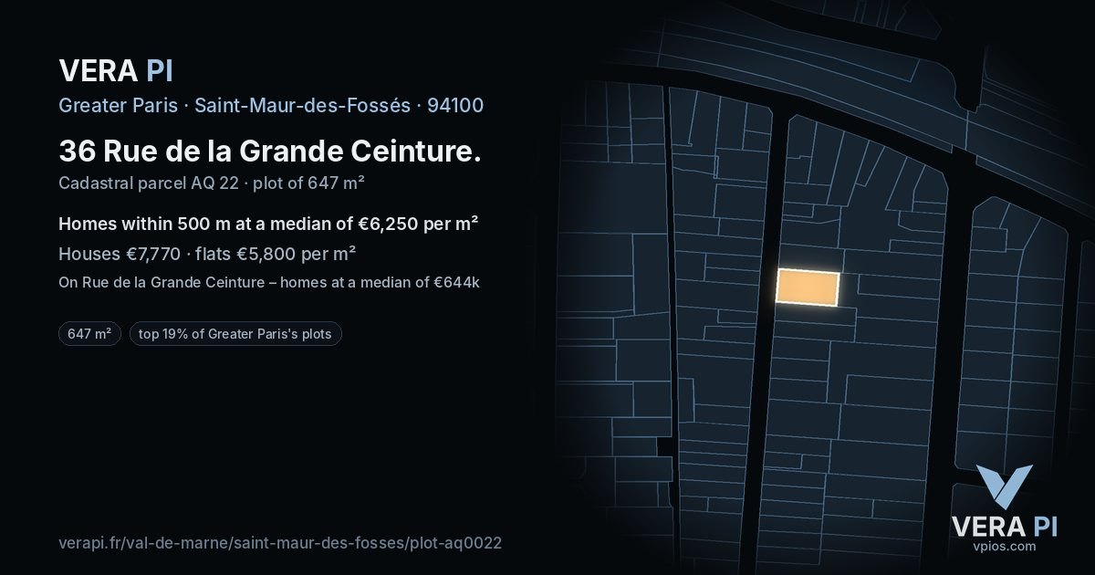 36 Rue de la Grande Ceinture, Saint-Maur-des-Fossés at night – the plot lit, the parcels around coloured by the prices near them
