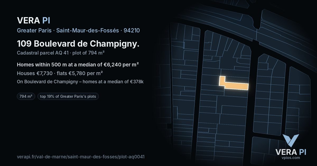 109 Boulevard de Champigny, Saint-Maur-des-Fossés at night – the plot lit, the parcels around coloured by the prices near them