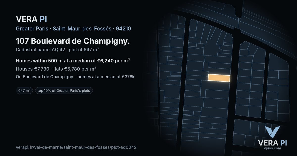 107 Boulevard de Champigny, Saint-Maur-des-Fossés at night – the plot lit, the parcels around coloured by the prices near them