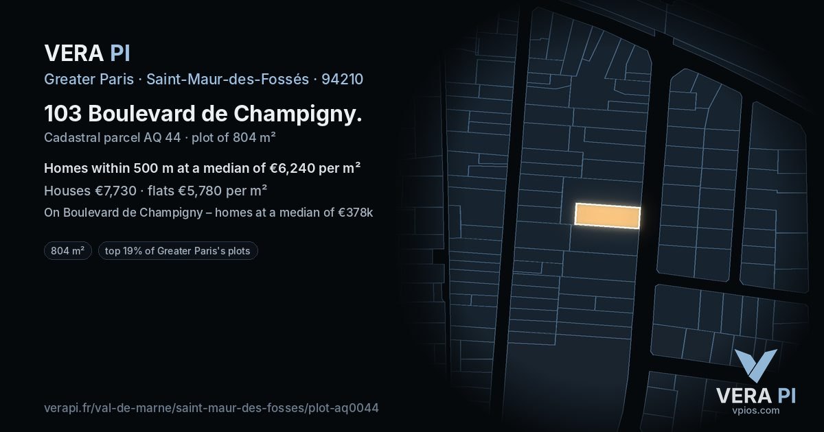 103 Boulevard de Champigny, Saint-Maur-des-Fossés at night – the plot lit, the parcels around coloured by the prices near them