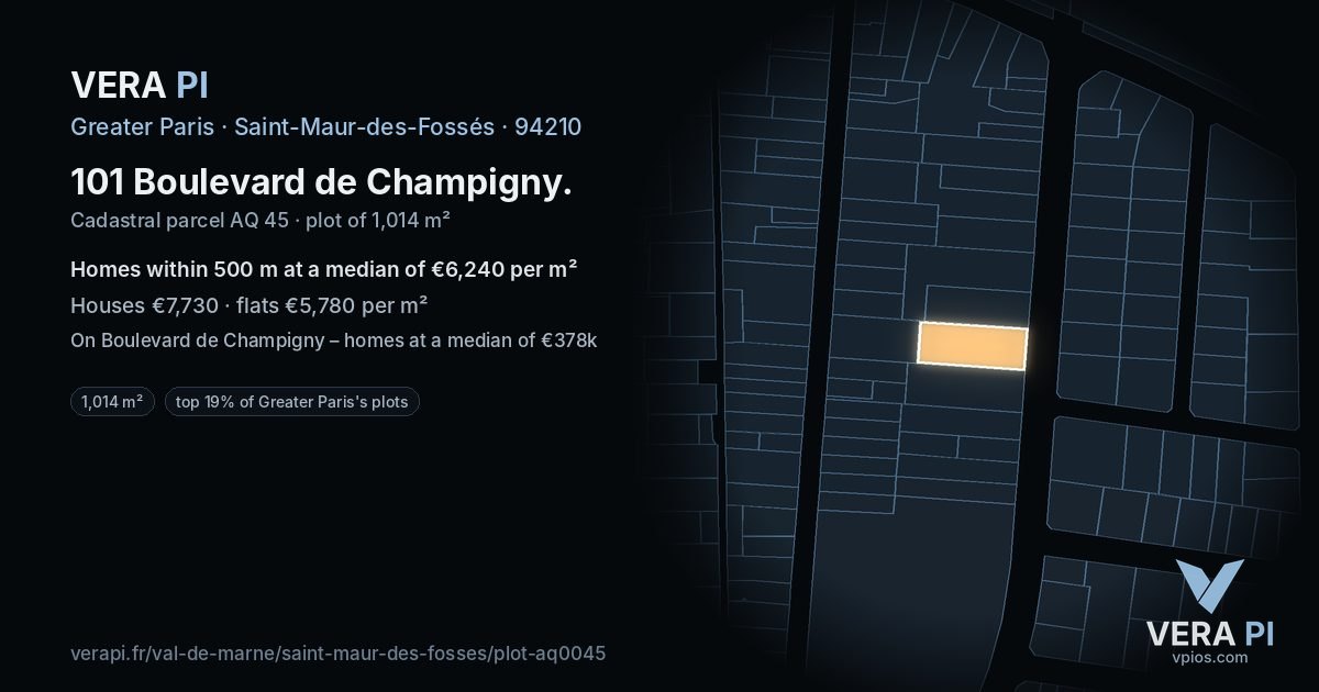 101 Boulevard de Champigny, Saint-Maur-des-Fossés at night – the plot lit, the parcels around coloured by the prices near them