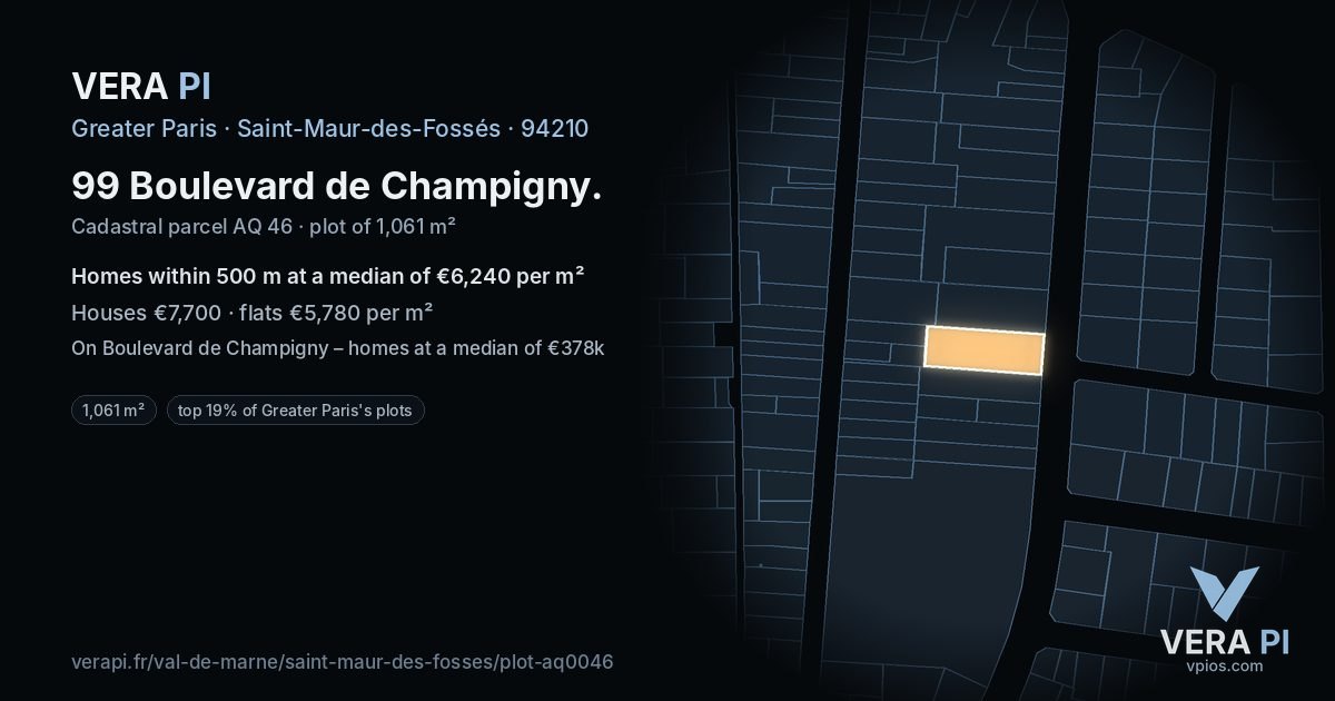 99 Boulevard de Champigny, Saint-Maur-des-Fossés at night – the plot lit, the parcels around coloured by the prices near them