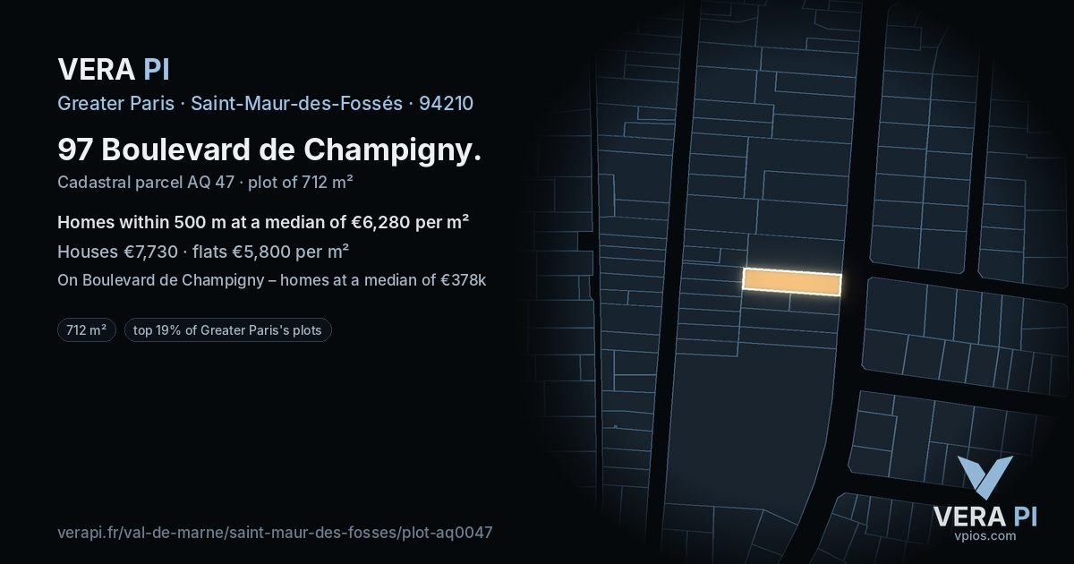 97 Boulevard de Champigny, Saint-Maur-des-Fossés at night – the plot lit, the parcels around coloured by the prices near them