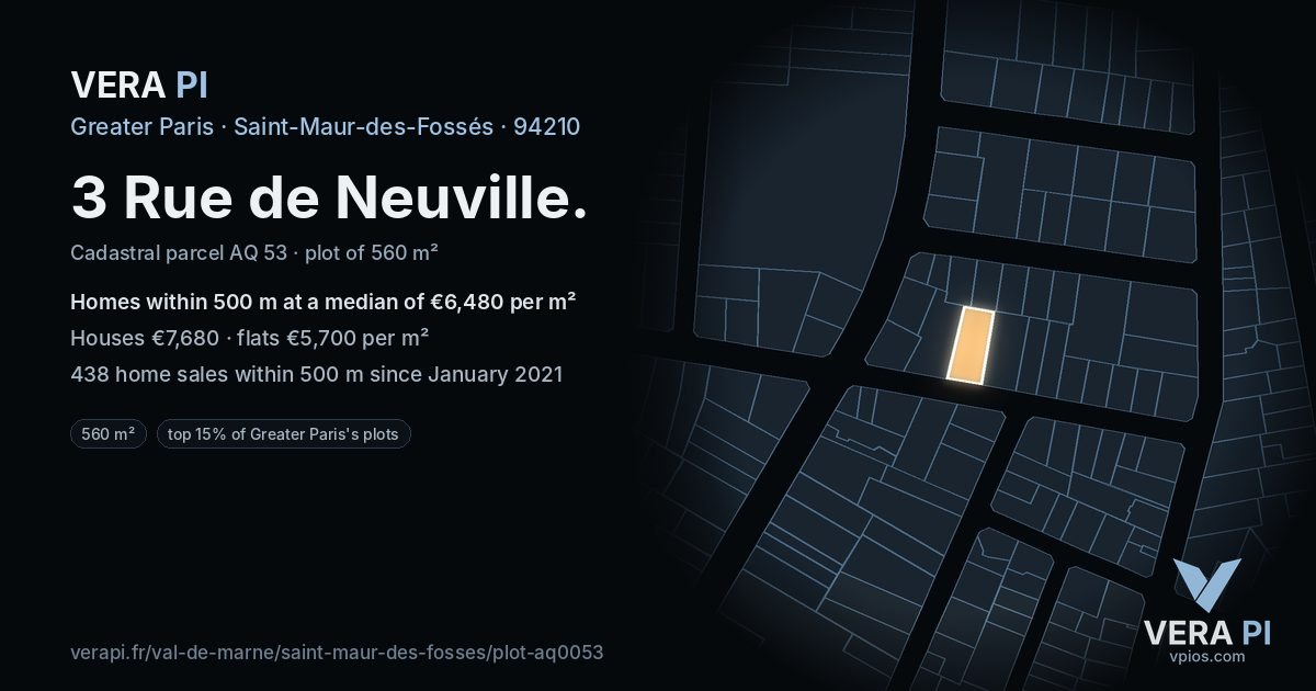 3 Rue de Neuville, Saint-Maur-des-Fossés at night – the plot lit, the parcels around coloured by the prices near them