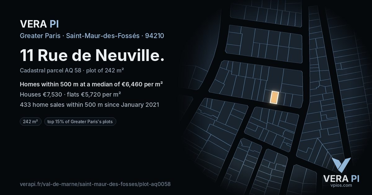 11 Rue de Neuville, Saint-Maur-des-Fossés at night – the plot lit, the parcels around coloured by the prices near them