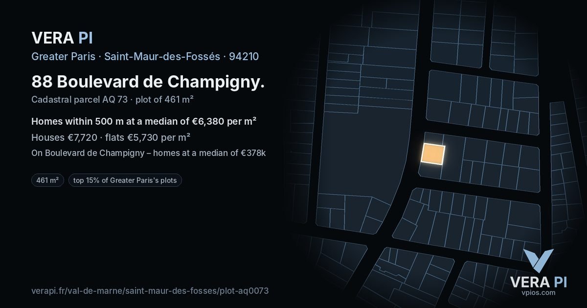 88 Boulevard de Champigny, Saint-Maur-des-Fossés at night – the plot lit, the parcels around coloured by the prices near them