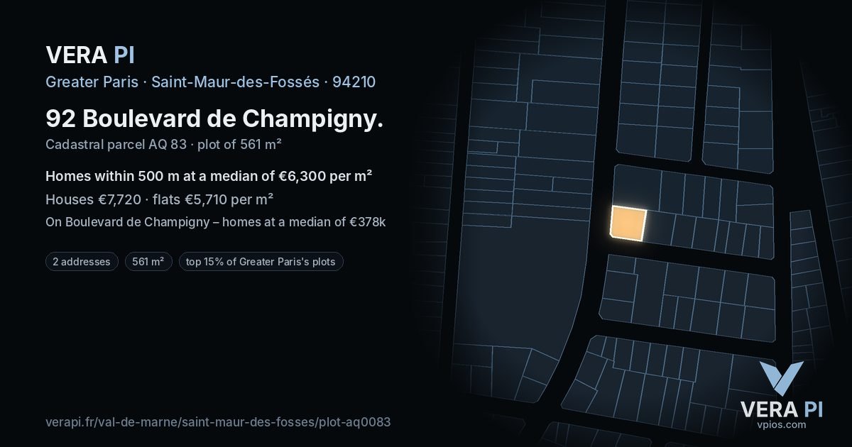92 Boulevard de Champigny, Saint-Maur-des-Fossés at night – the plot lit, the parcels around coloured by the prices near them