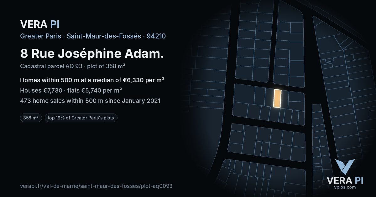 8 Rue Joséphine Adam, Saint-Maur-des-Fossés at night – the plot lit, the parcels around coloured by the prices near them