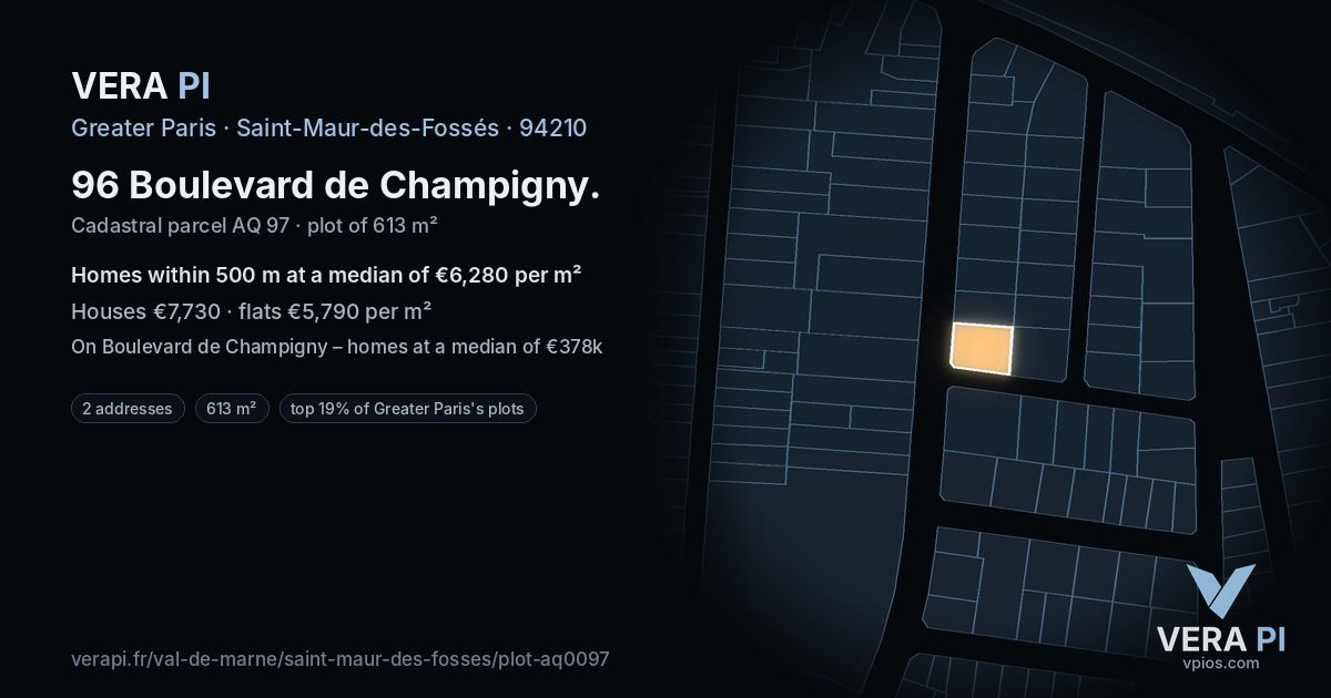 96 Boulevard de Champigny, Saint-Maur-des-Fossés at night – the plot lit, the parcels around coloured by the prices near them