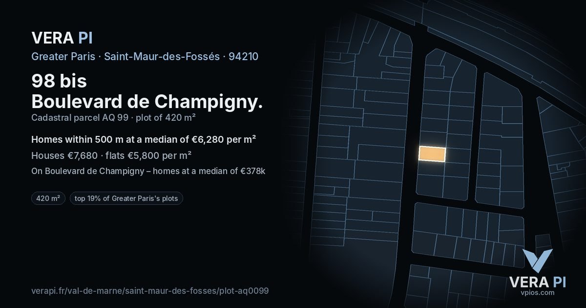 98 bis Boulevard de Champigny, Saint-Maur-des-Fossés at night – the plot lit, the parcels around coloured by the prices near them