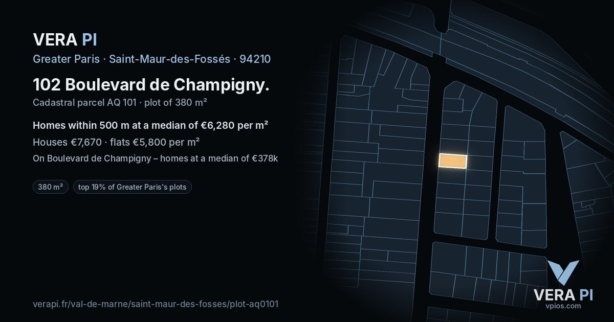 102 Boulevard de Champigny, Saint-Maur-des-Fossés at night – the plot lit, the parcels around coloured by the prices near them