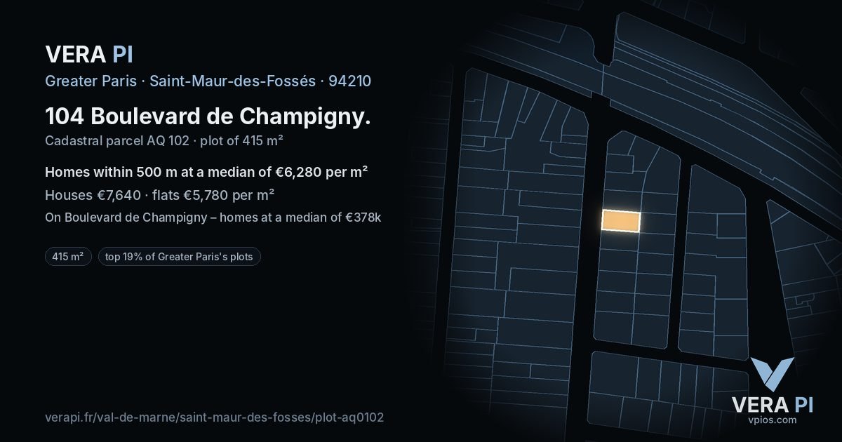 104 Boulevard de Champigny, Saint-Maur-des-Fossés at night – the plot lit, the parcels around coloured by the prices near them