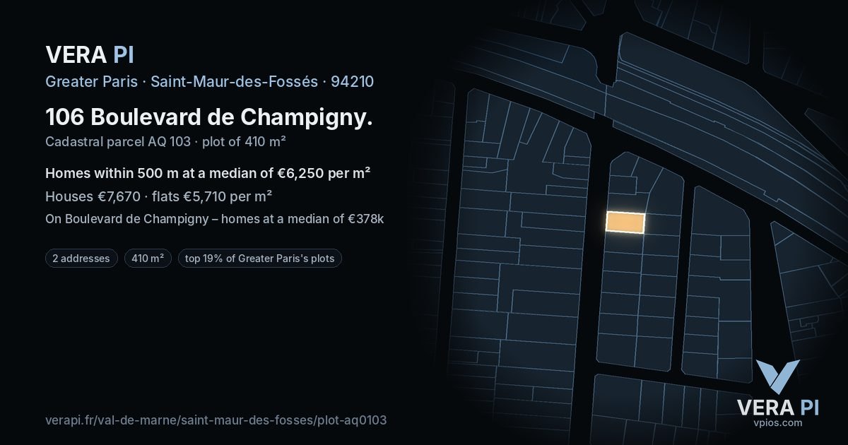 106 Boulevard de Champigny, Saint-Maur-des-Fossés at night – the plot lit, the parcels around coloured by the prices near them